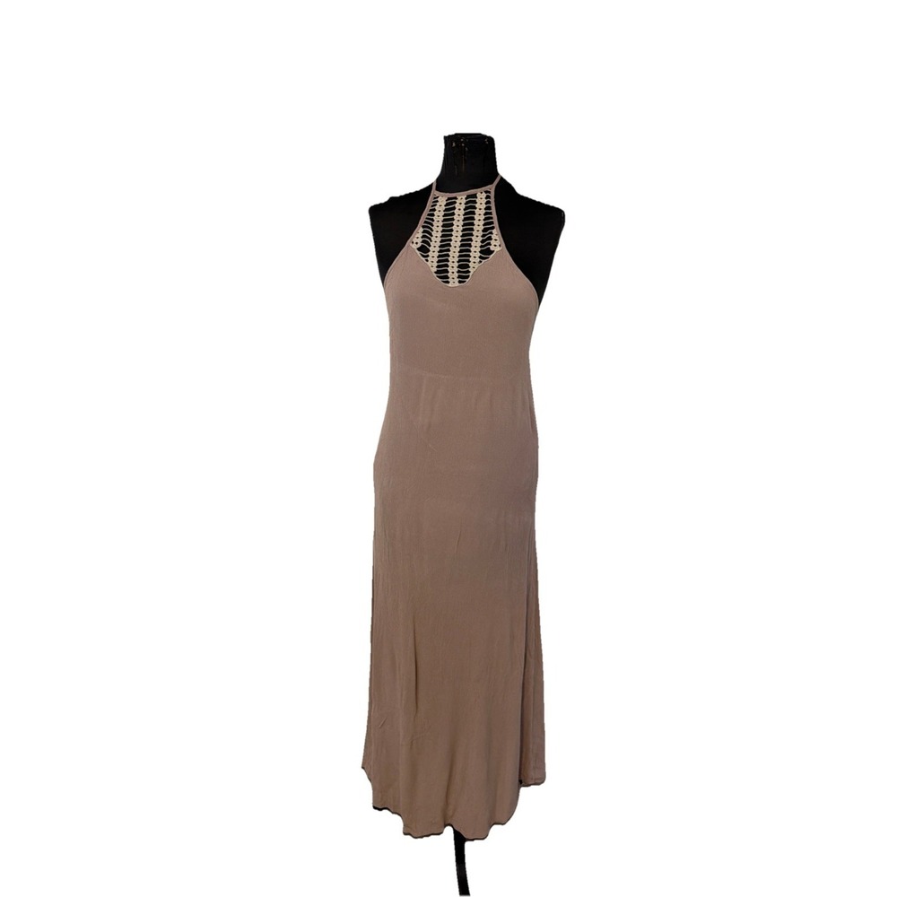 Tobi Sexy Halter Tie Neck Maxi Dress Low Open Back Sz M Tan Lined Textured Boho